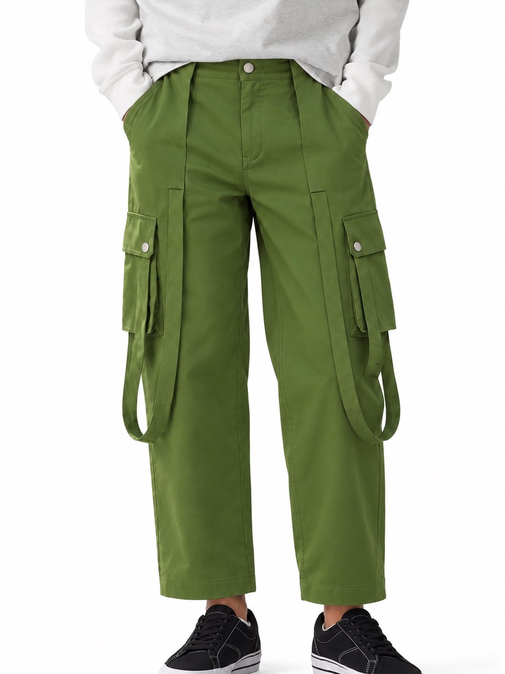Men's Olive Green Strap-Detail Cargo Pants